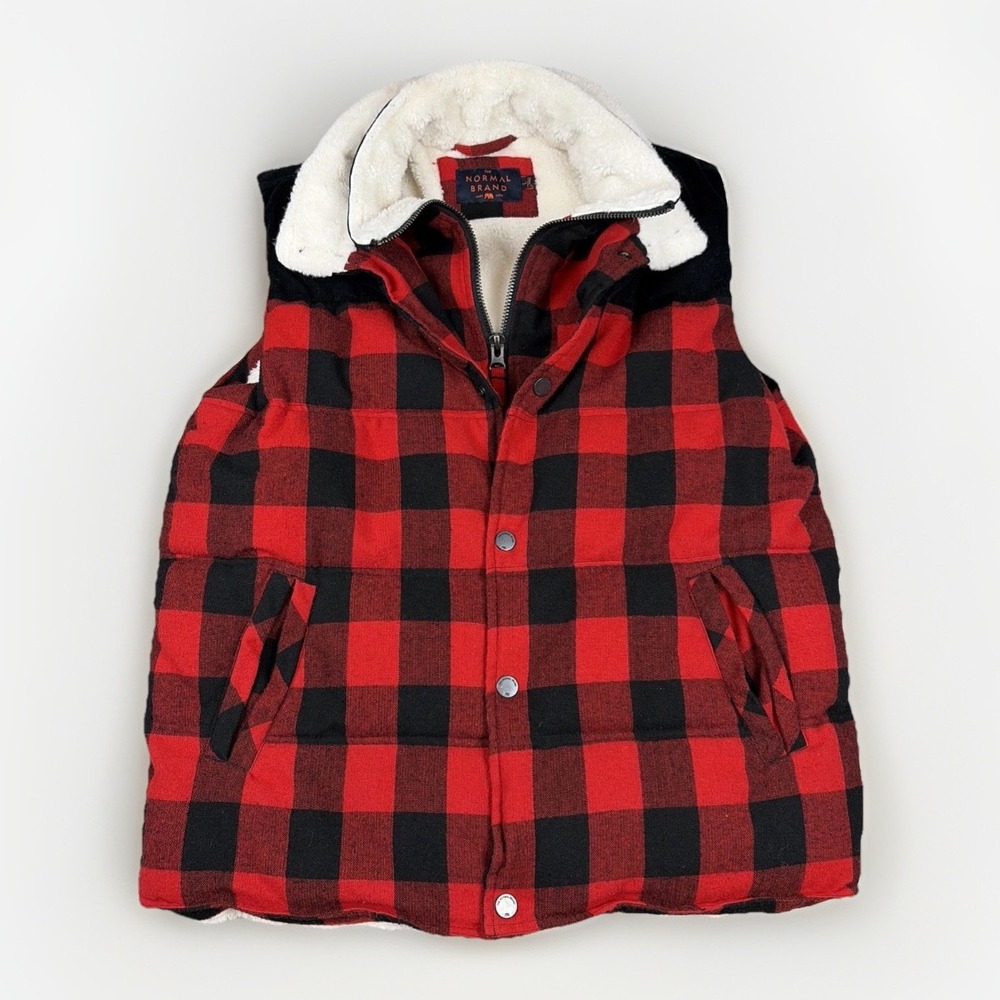 The Normal Brand Puffer Vest Mens Large Red Buffalo Plaid Sherpa Lined Corduroy
